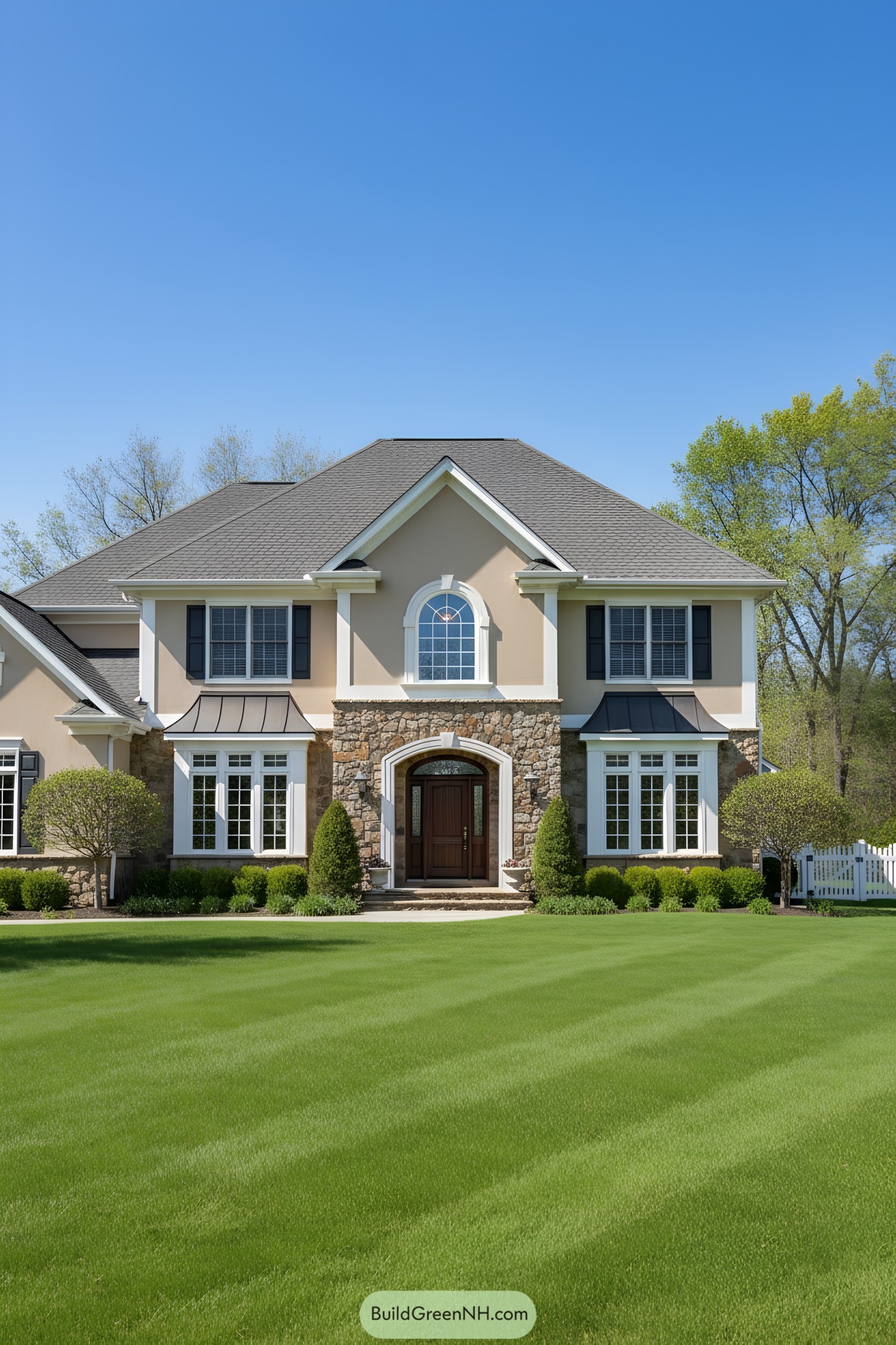 Luxury stone house with manicured lawn