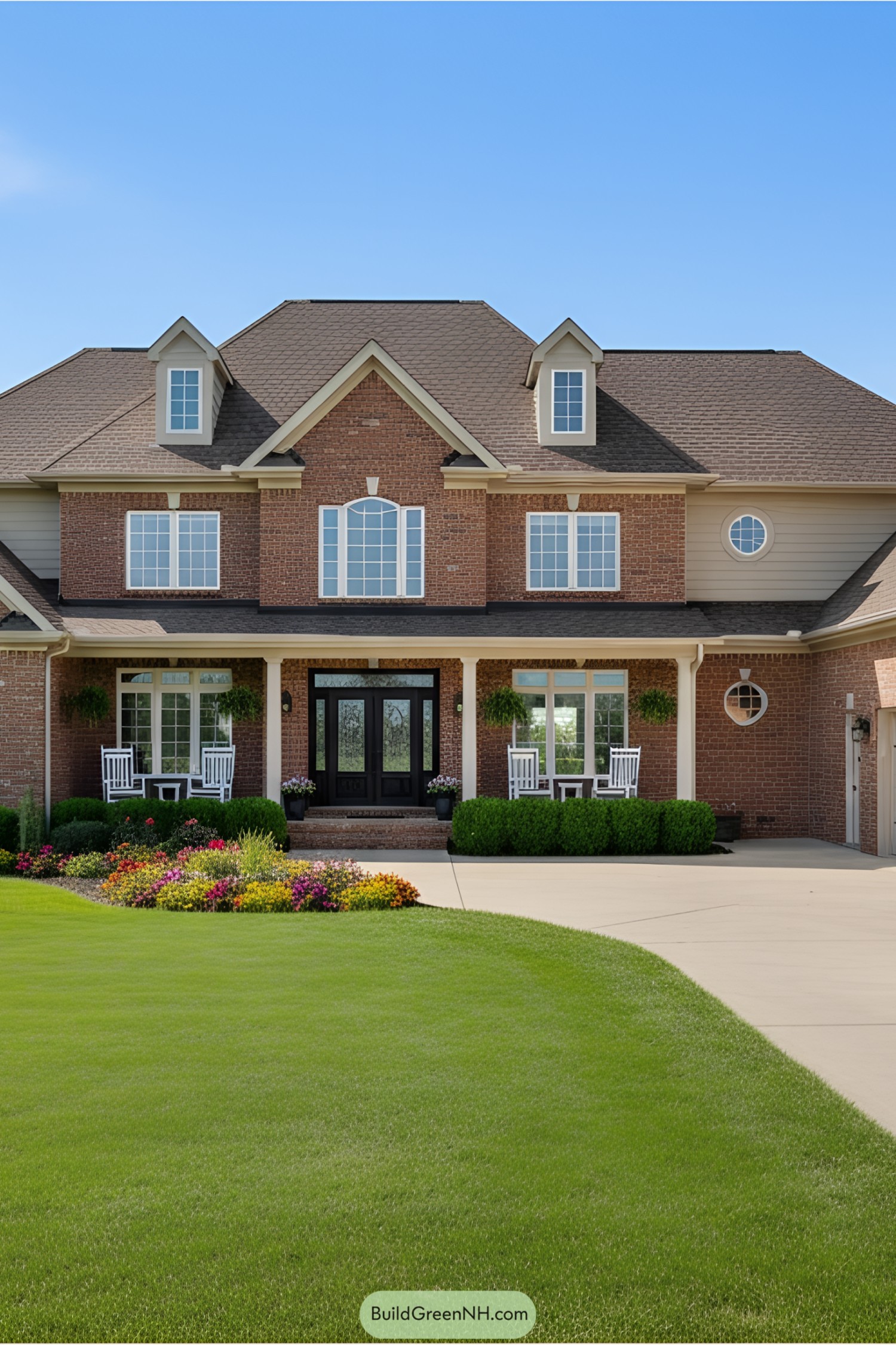 A grand suburban brick house with a lush lawn
