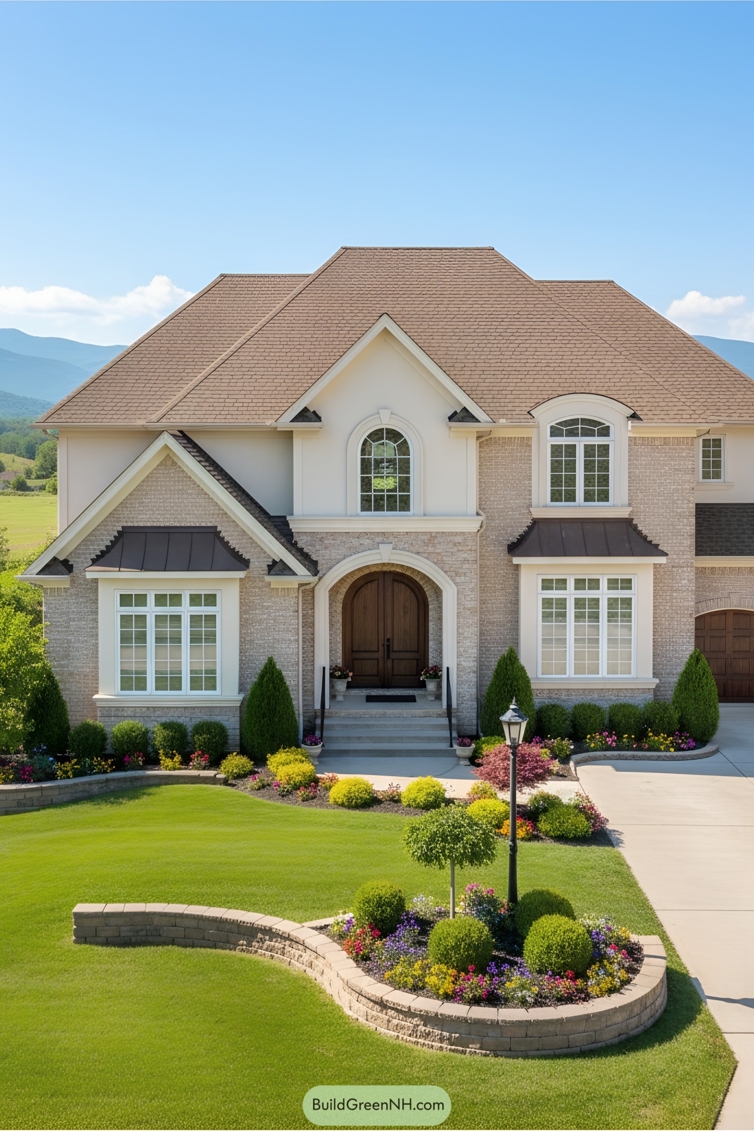 Beautiful suburban house with lush garden and curved driveway