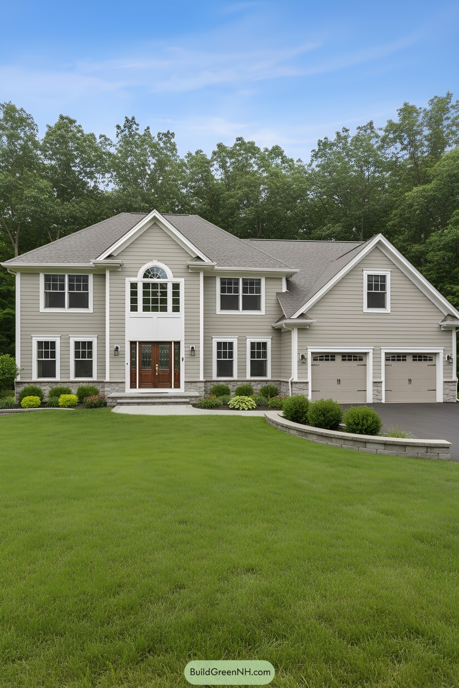 Large suburban house with a manicured lawn and a two-car garage