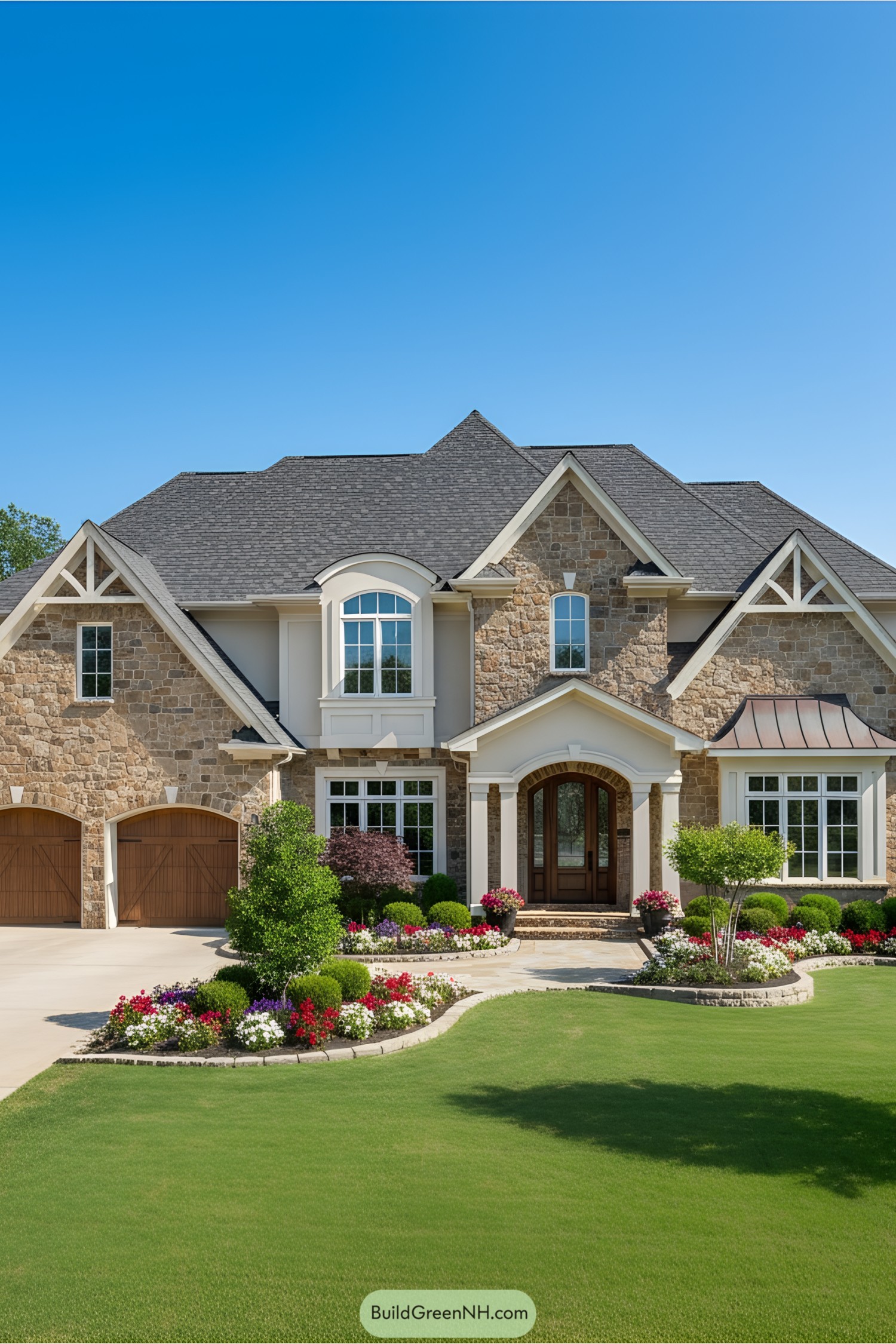 Luxurious stone house with a lush garden