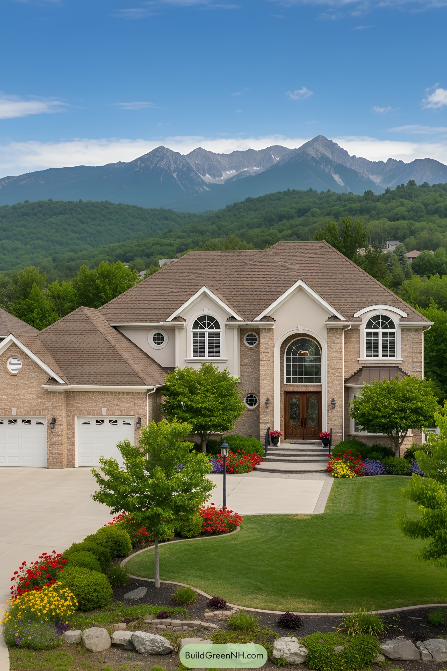 Elegant suburban house with lush garden and mountain backdrop
