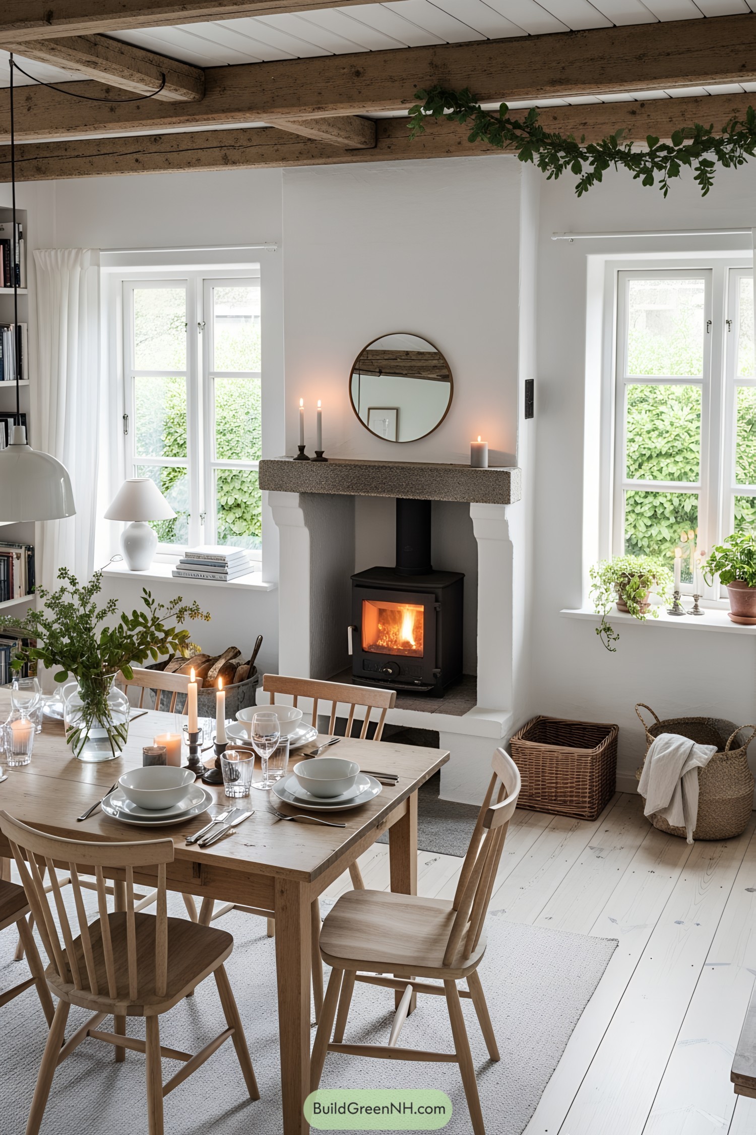 Scandinavian dining room with a warm fireplace