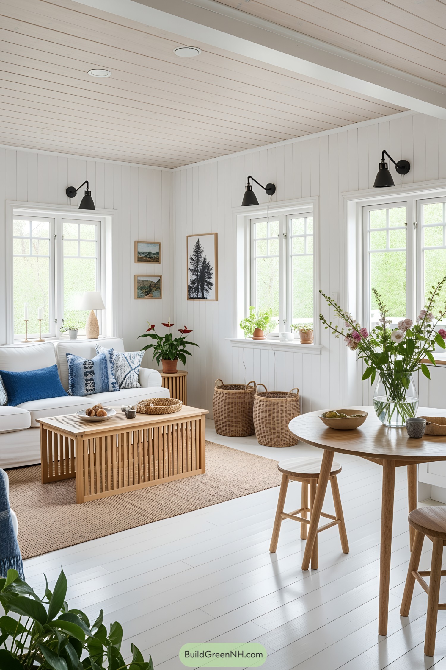 Bright and airy Scandinavian cottage living space with natural accents