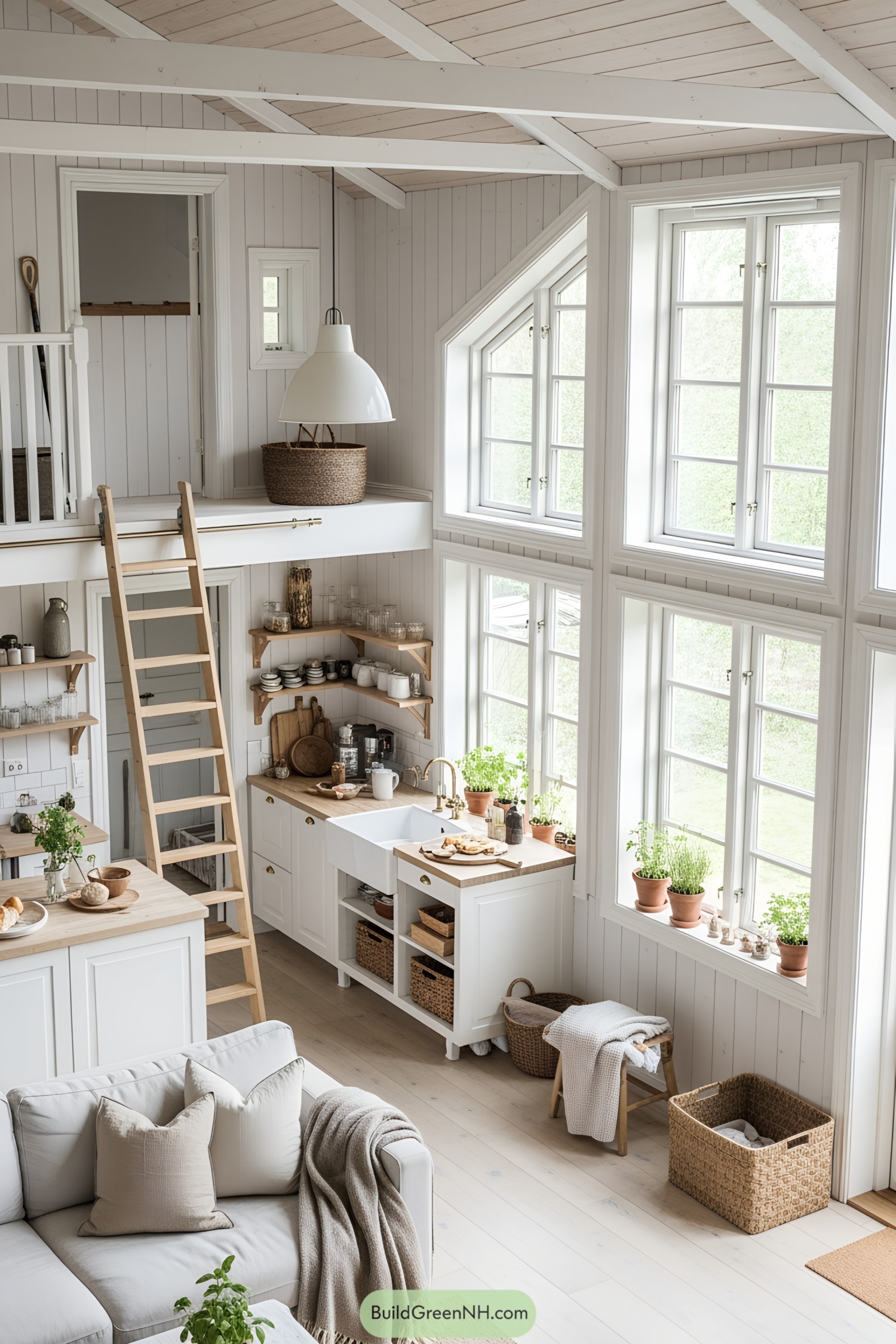 Bright Scandinavian cottage interior with ladder and plants
