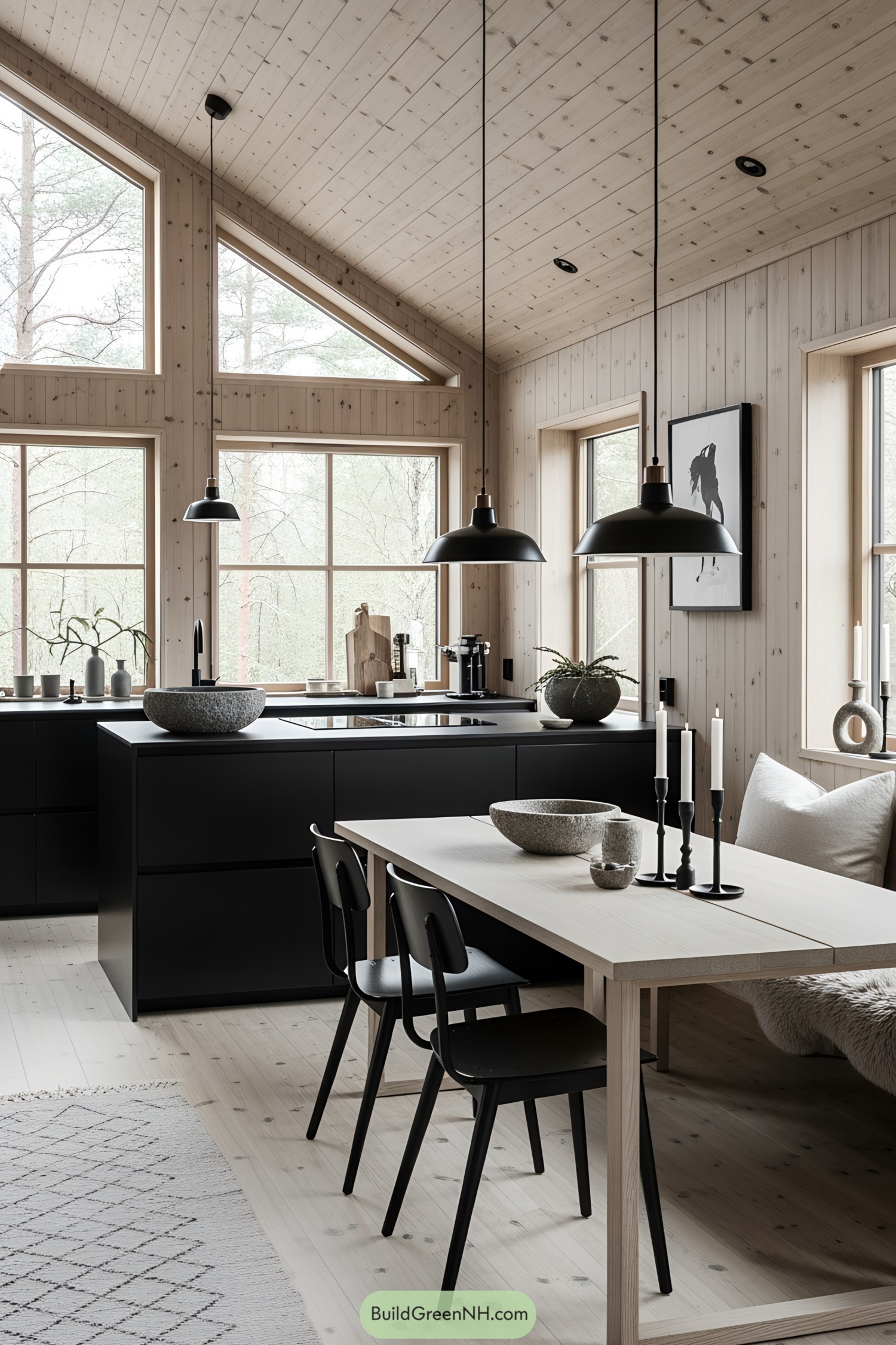 Contemporary Scandinavian cottage interior with wooden accents