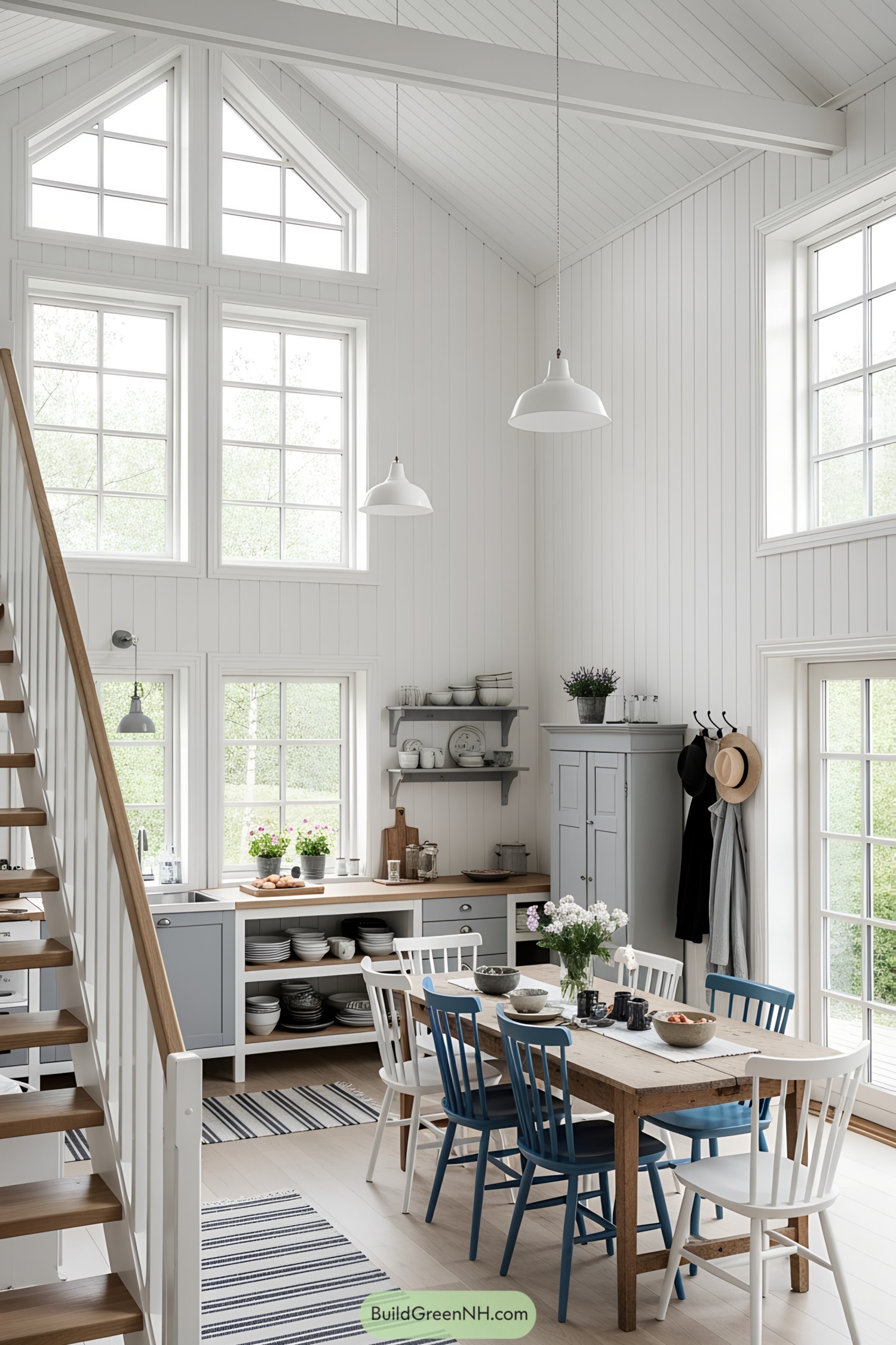 Bright Scandinavian cottage interior with dining area and staircase