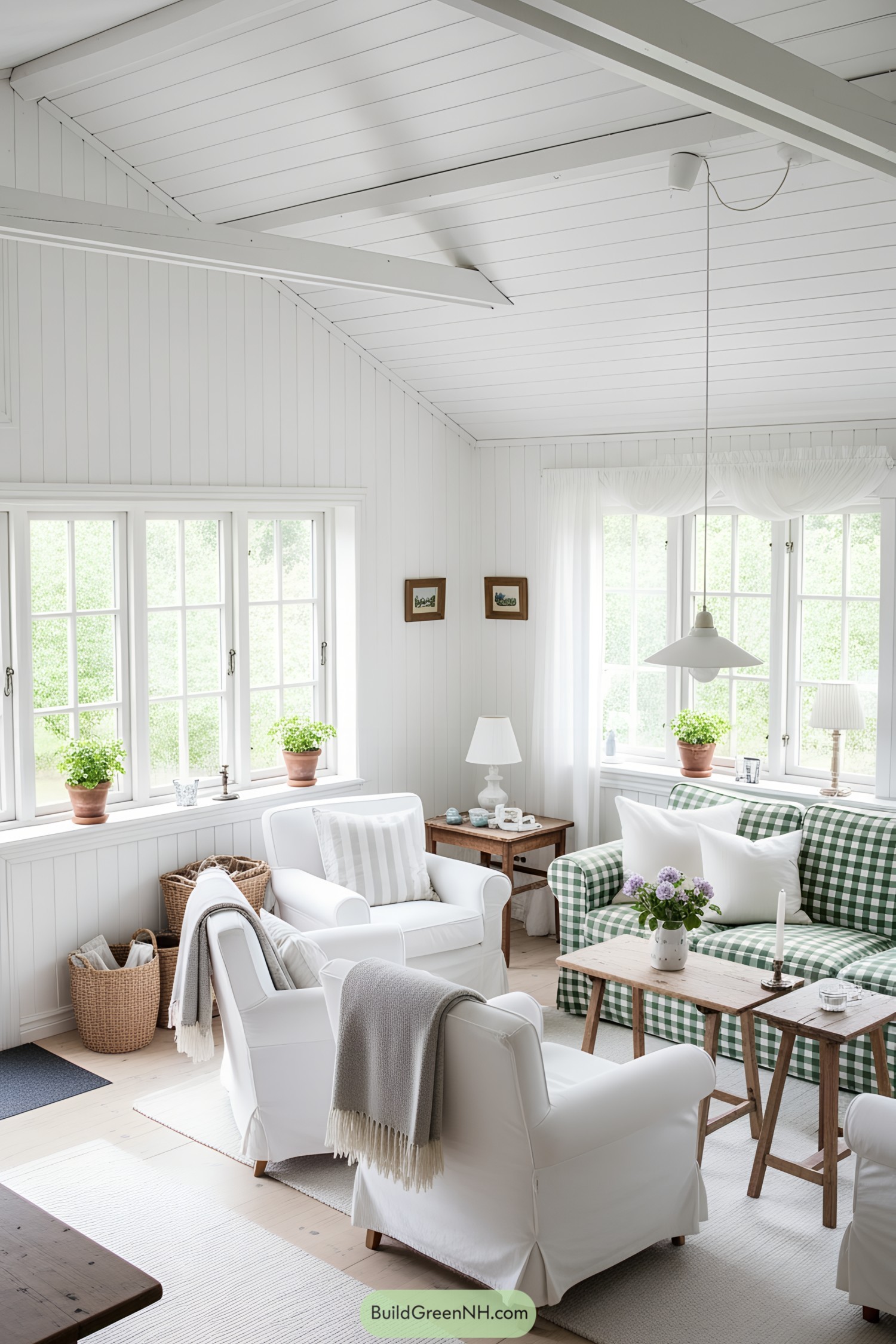 Bright and cozy Scandinavian living room with plants and checkered sofa