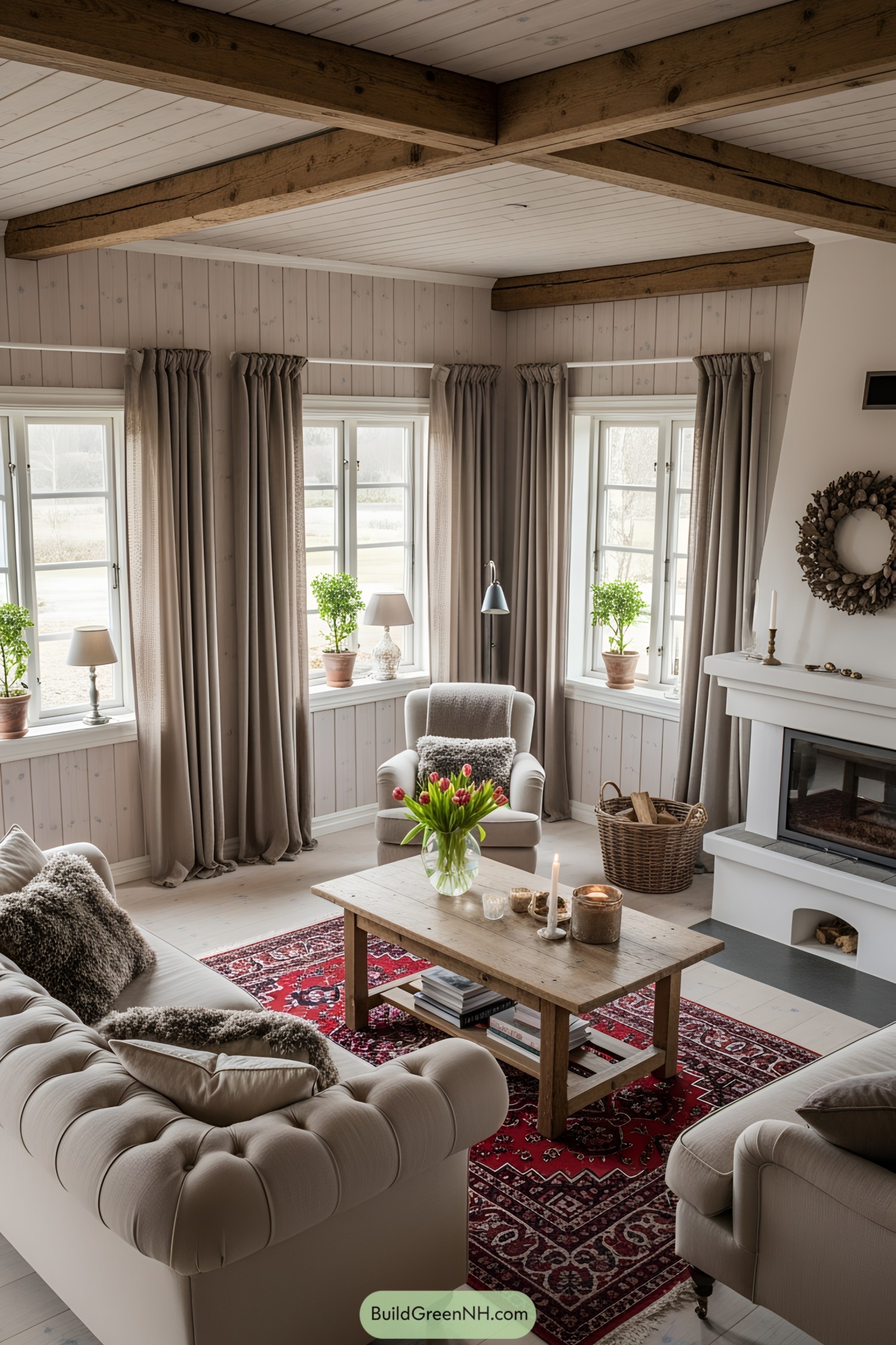 Cozy Scandinavian living room with wooden beams and red carpet