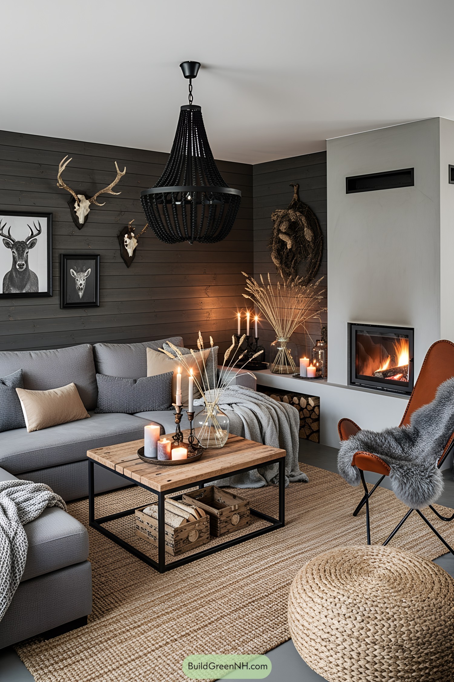 Cozy living area with a fireplace and rustic decor