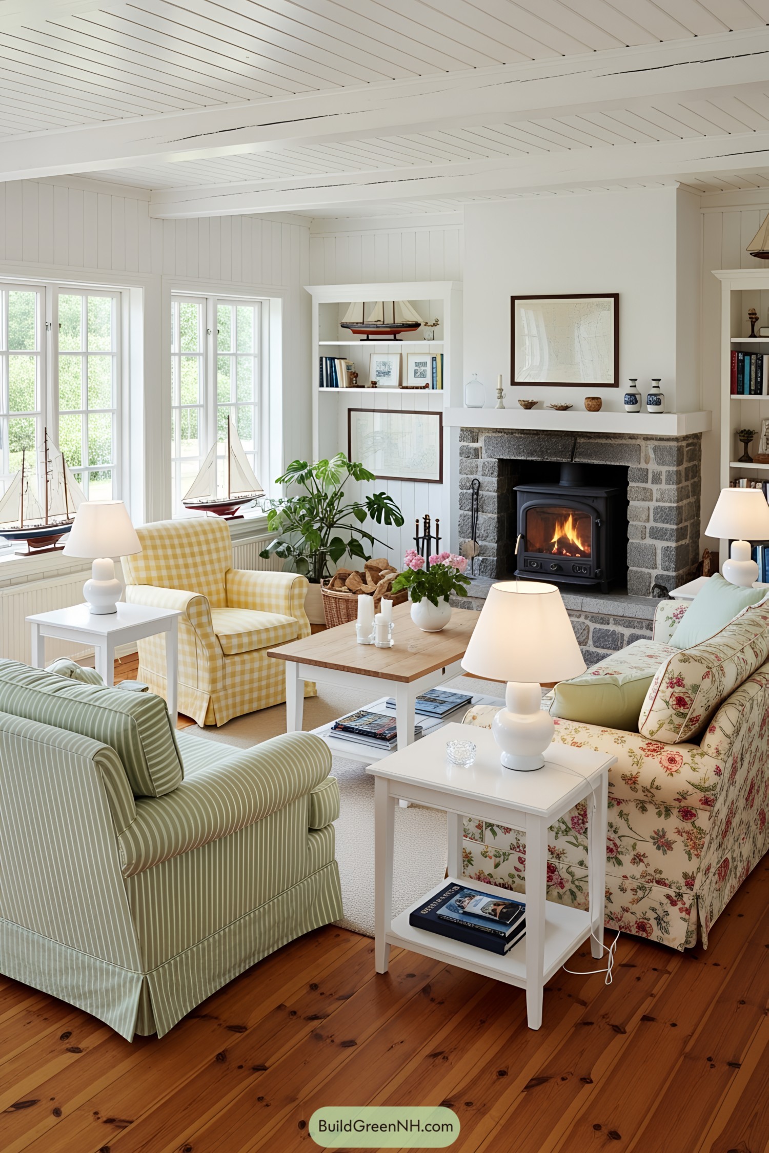 Scandinavian living room with colorful armchairs, fireplace, and large windows