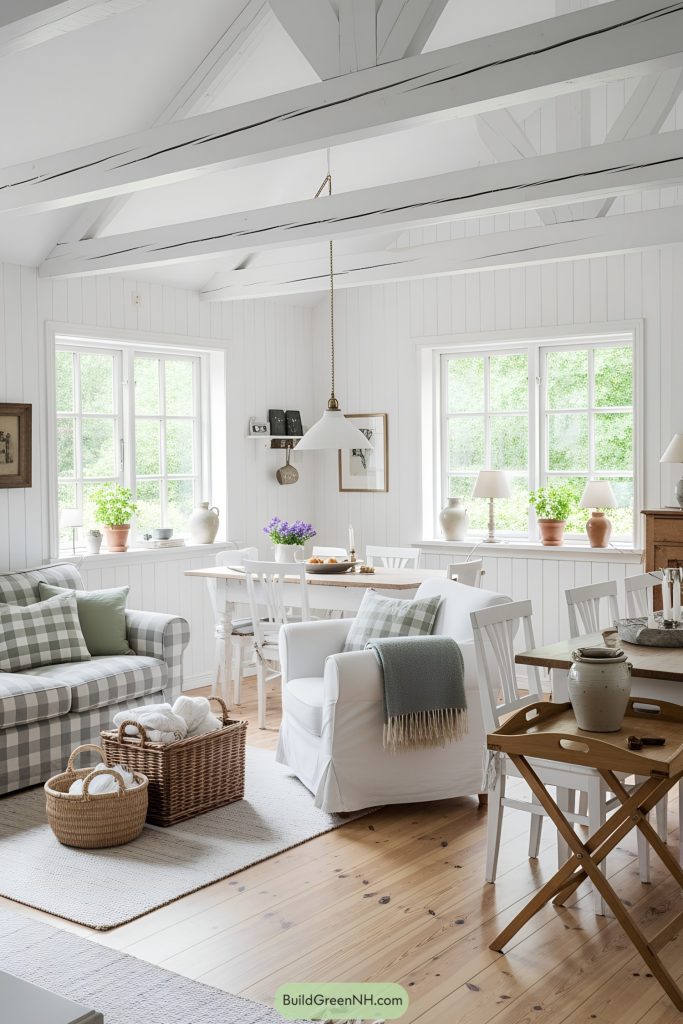 Scandinavian cottage living room with airy, rustic aesthetic and minimalist interior style. Dominant color theme is white with soft green and natural wood accents. Architectural details include white-painted wood panel walls, exposed white ceiling beams, high ceiling, and large windows providing lush green garden views. Light pine wood plank flooring contrasts with the white ceiling and walls. Natural materials such as cotton, linen, and wool are present in soft furnishings and throws. Furnishings include a checkered fabric sofa, white slipcovered armchairs, cottage-style dining table with chairs, wicker baskets, folding wooden tray table, and light area rugs. Accessories are minimal, including cozy cushions, pottery, and small potted plants on window sills for freshness. Overall look is bright, inviting, and harmoniously blends comfort with simplicity.