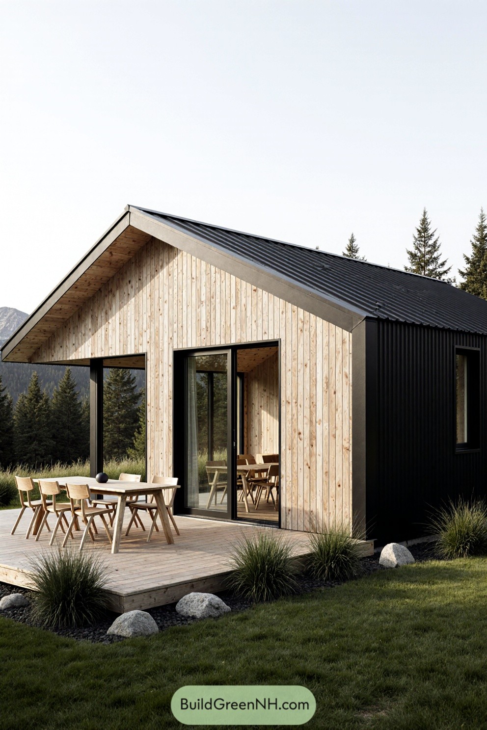 Wood-clad modern cabin with glass doors and a cozy deck
