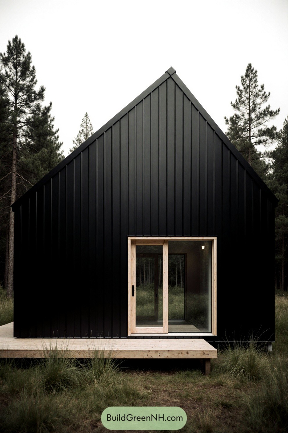 Sleek black cabin with wooden accents nestled in a forest clearing