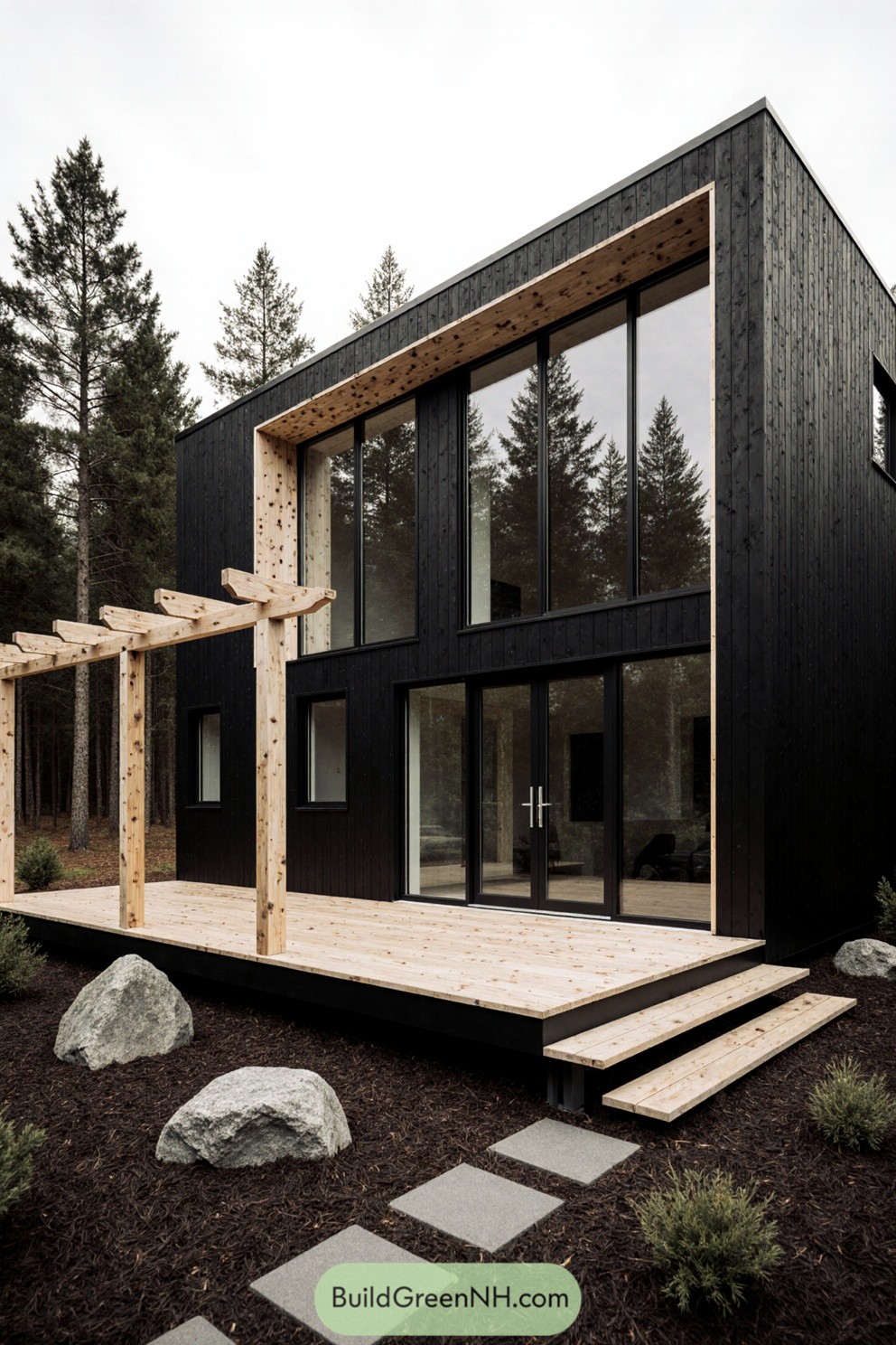 Modern cabin with dark wood exterior in a forest setting