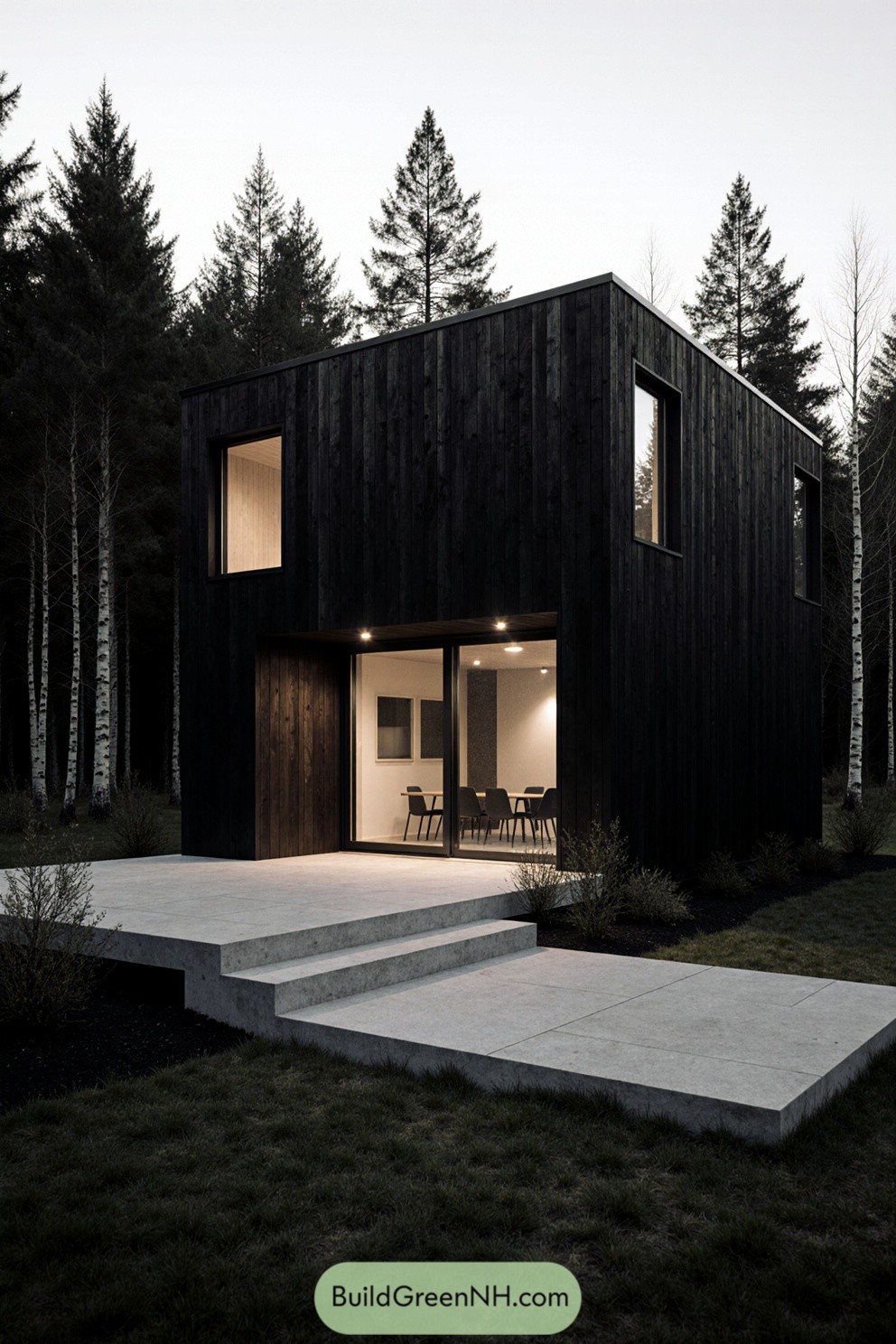 Contemporary black wooden cabin in a forest setting