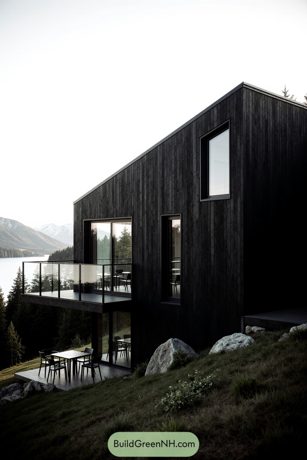 Modern cabin with dark wood facade and glass balcony