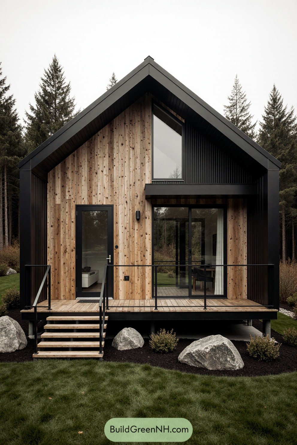 Compact wooden cabin with metal accents nestled in a forest