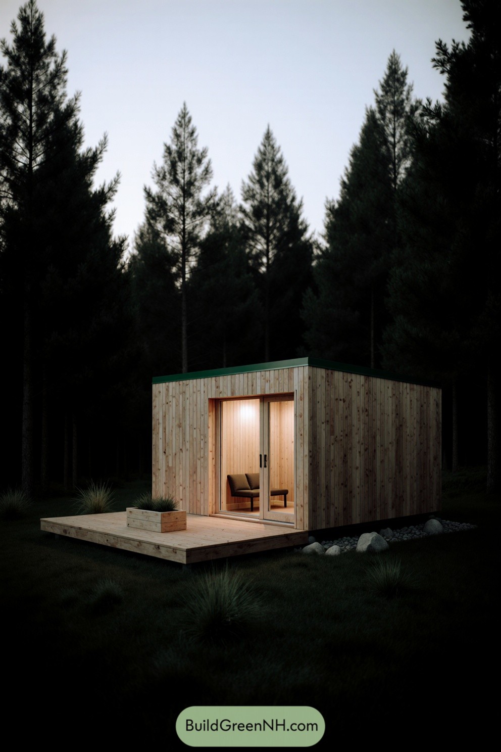 Small modern cabin with wooden cladding and large glass doors