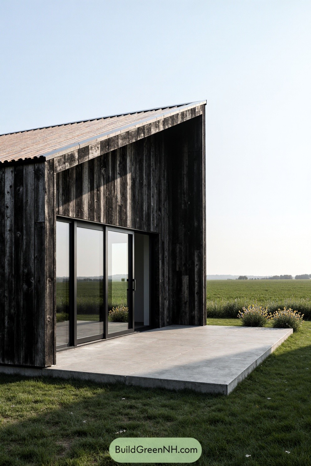 Modern wooden eco cabin with large glass doors