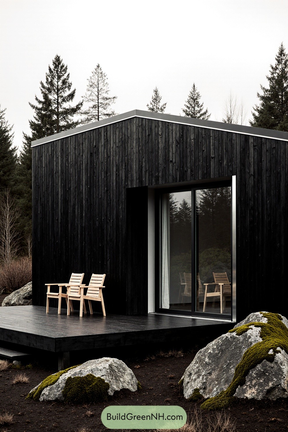 Contemporary eco cabin with dark wooden exterior