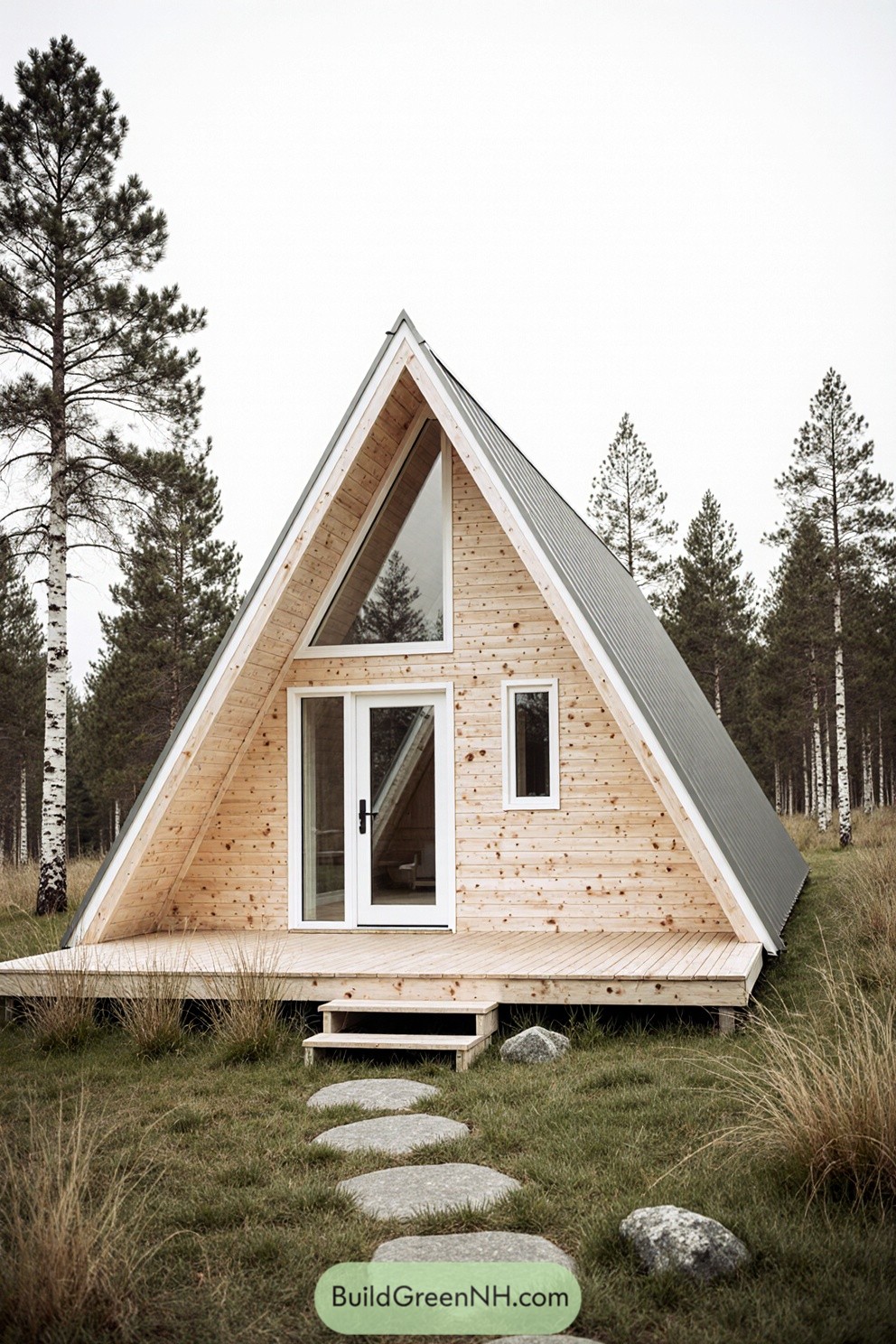 Small wooden A-frame cabin in a forest with a large glass front