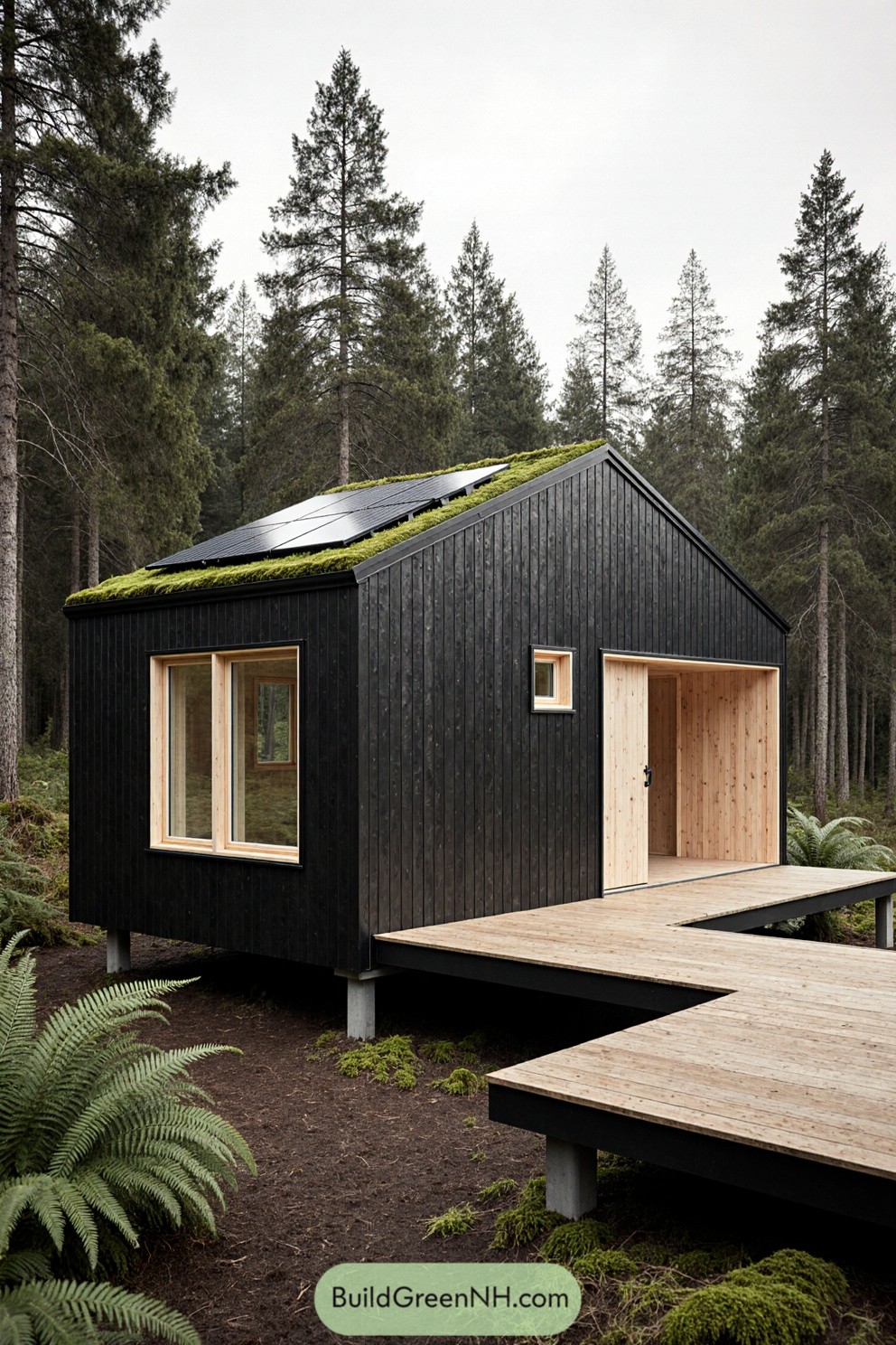 Modern eco cabin with a moss-covered roof