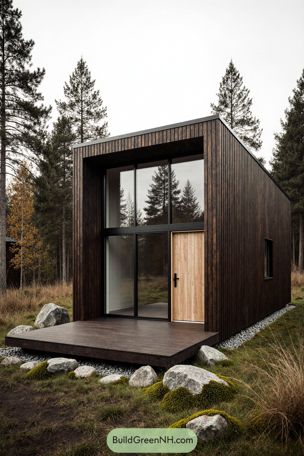Modern eco-cabin in a wooded landscape
