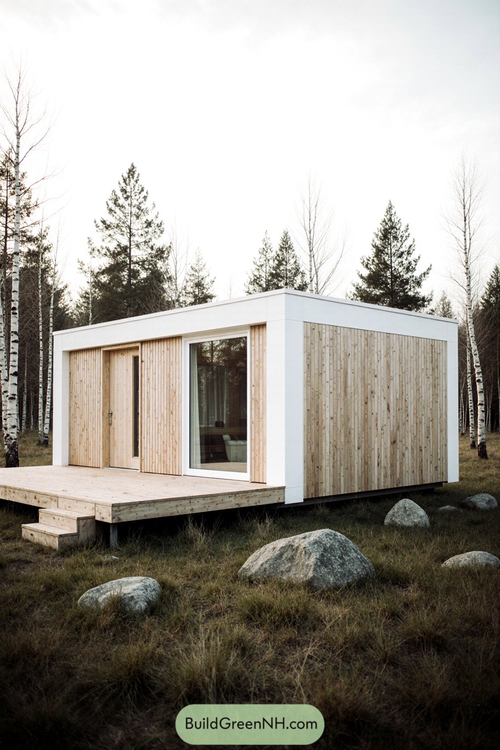 Modern Scandinavian cabin with wood paneling nestled among trees