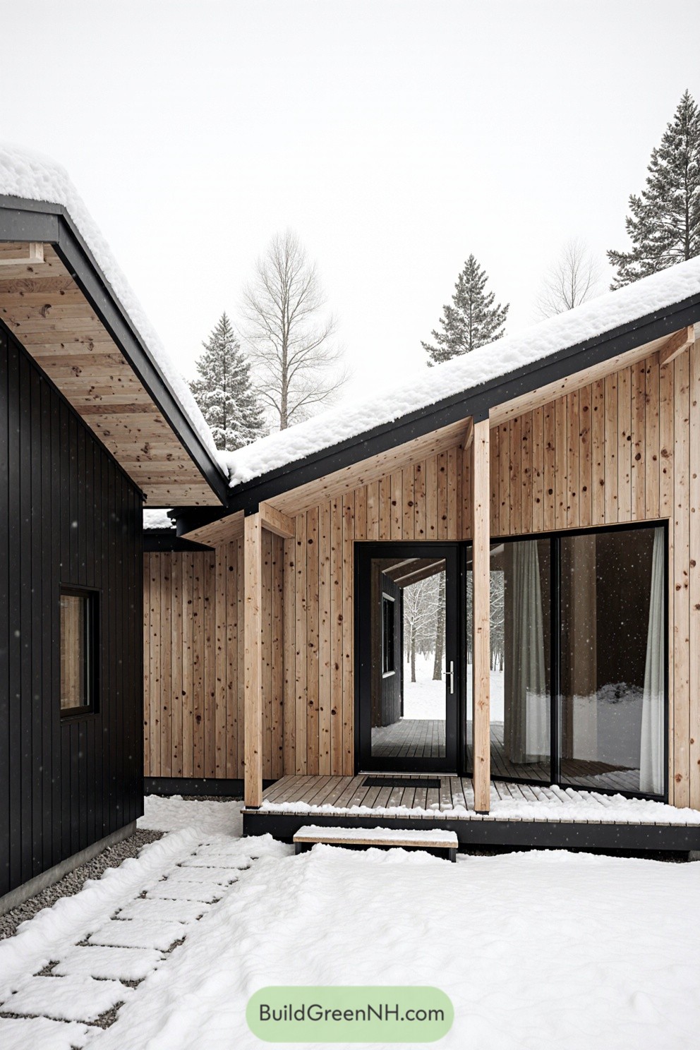 Scandinavian-style cabin with snow on roofs