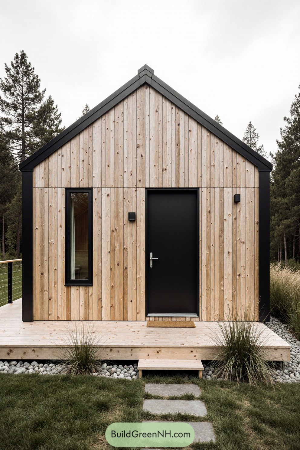 Small modern eco cabin with wooden exterior amidst tall trees