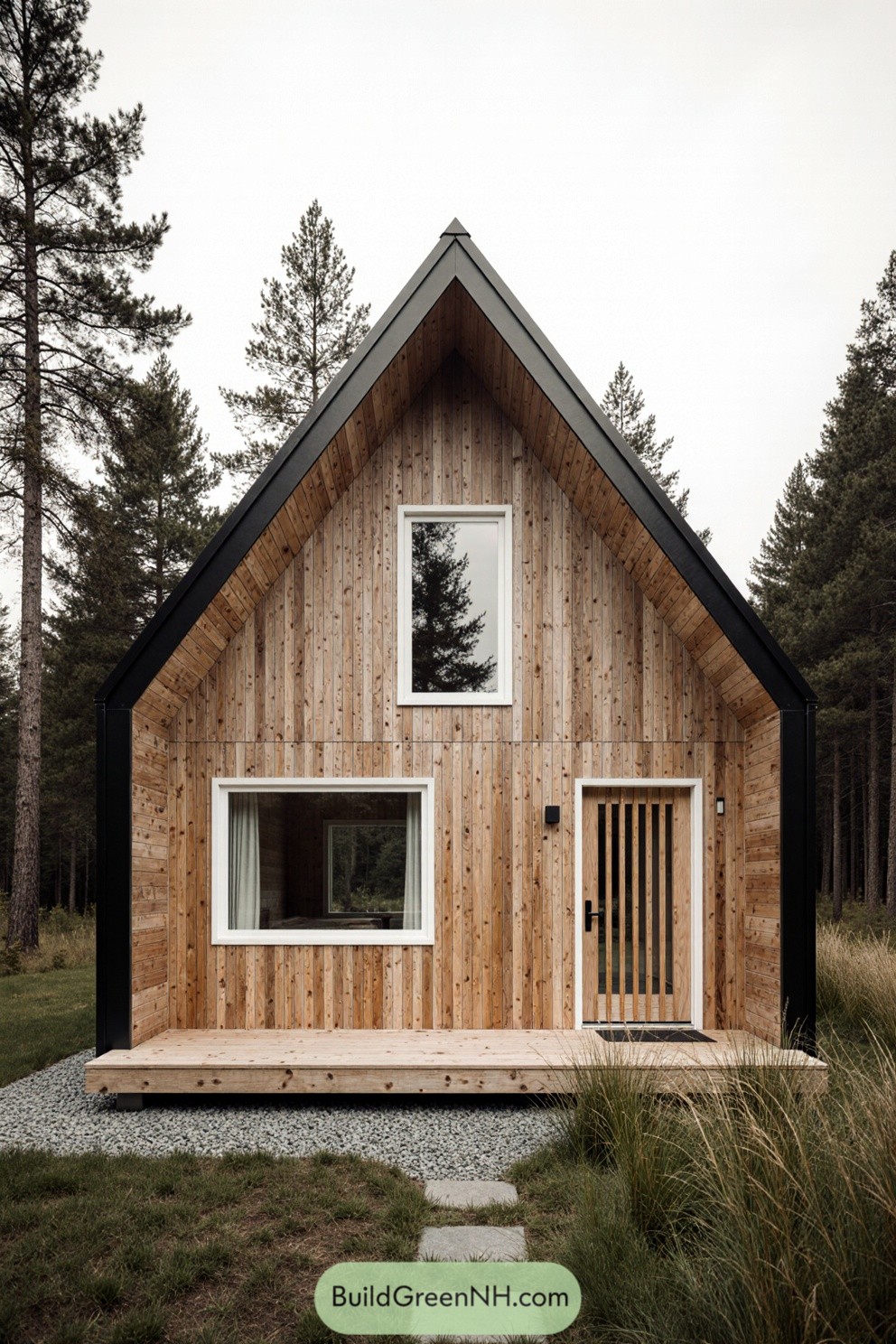 A Nordic-inspired cabin with wooden cladding amidst pine trees