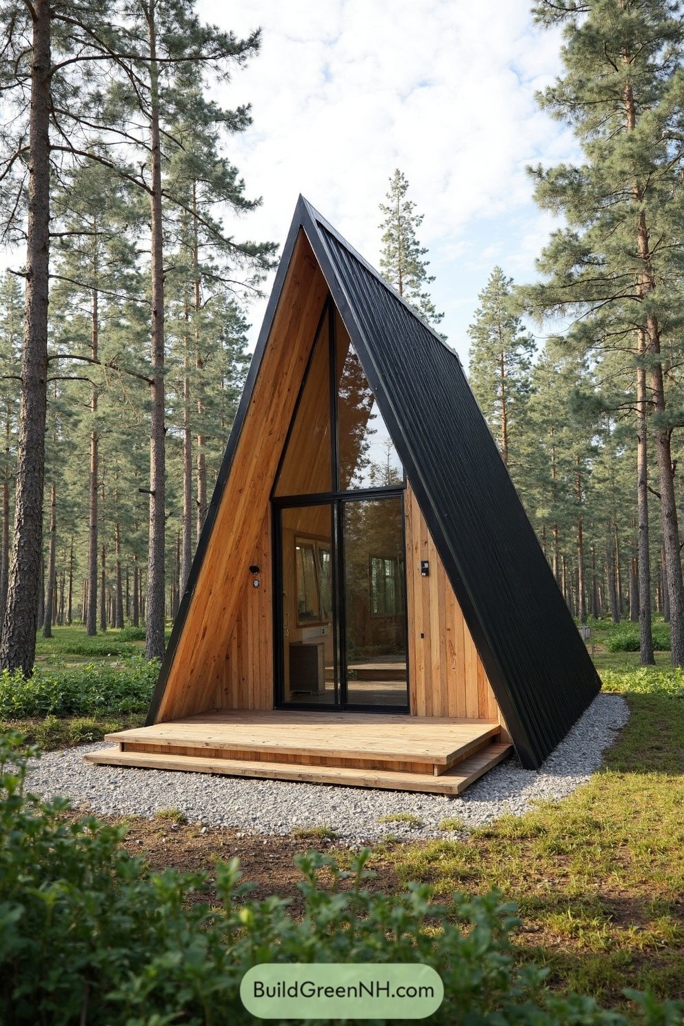 A-frame cabin in a forest