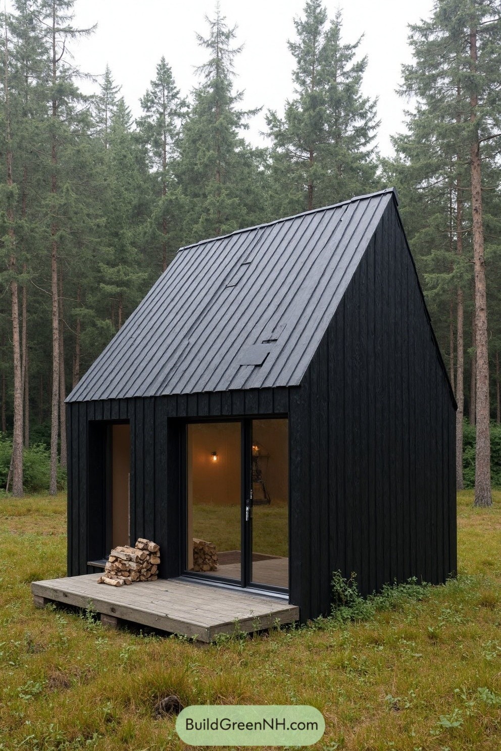 Compact black cabin surrounded by tall pine trees