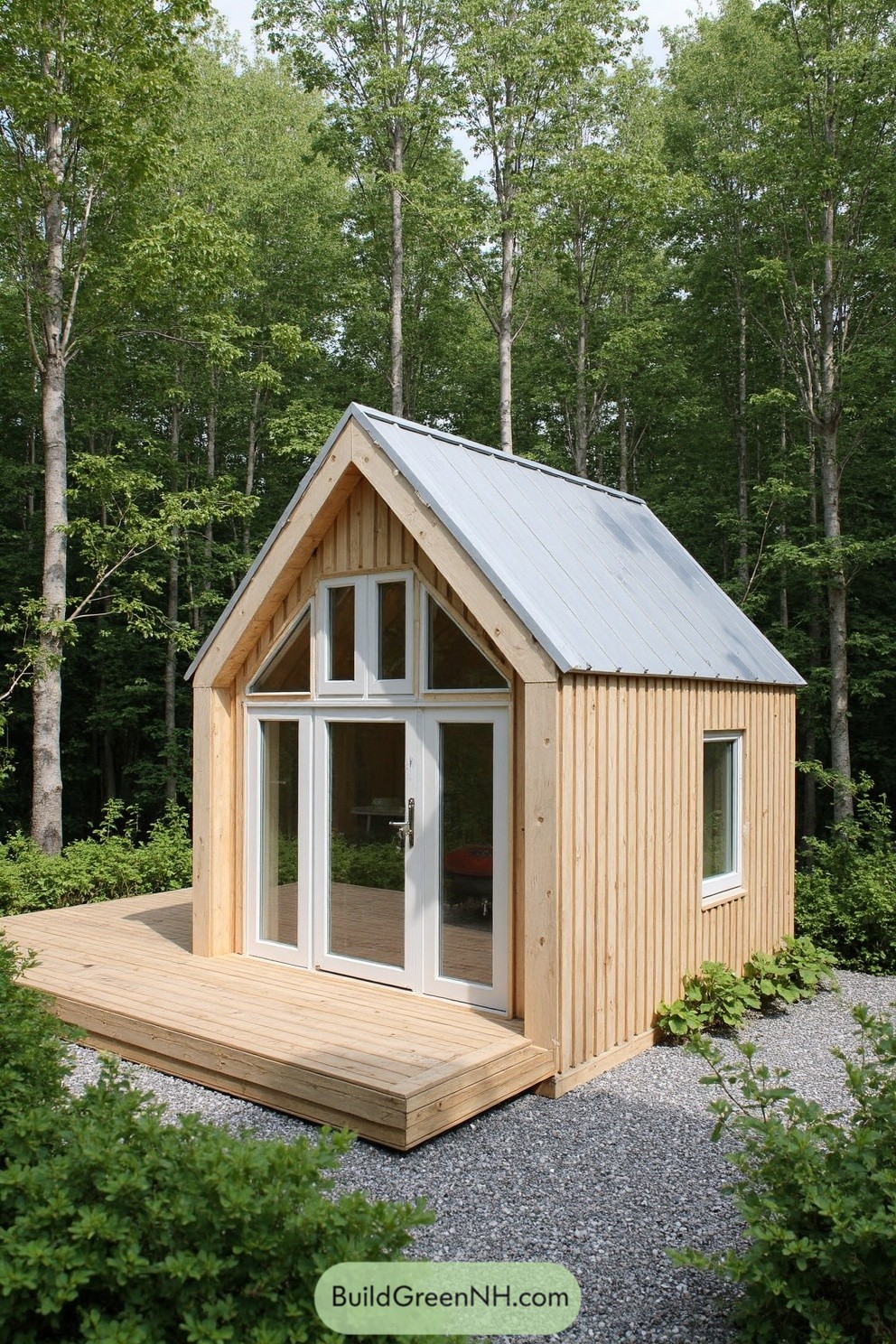 Small wooden cabin with large windows nestled in a forest