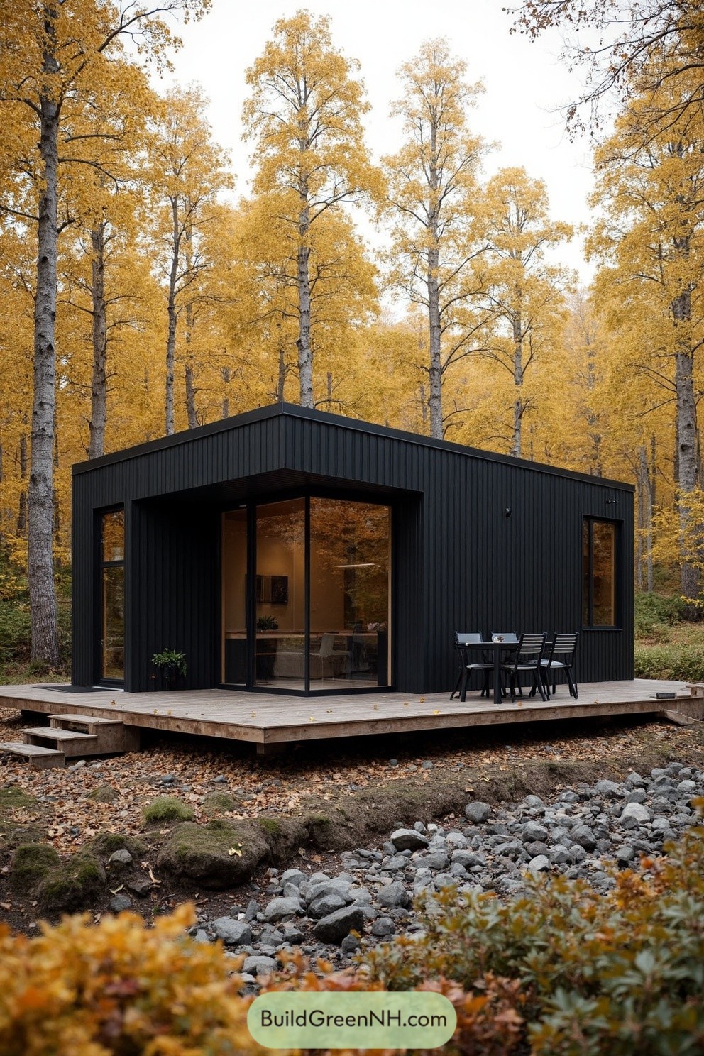 Minimalist black cabin amidst autumn trees