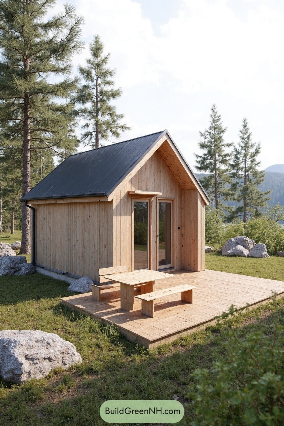 Small wooden cabin with a gabled roof and a cozy porch in a forest setting