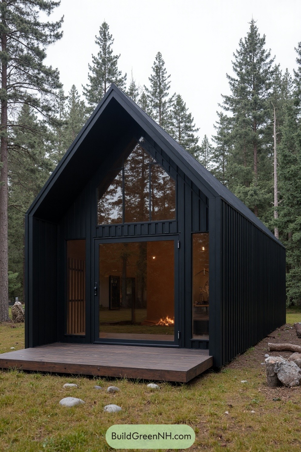 Modern black cabin with glass facade in a forest setting