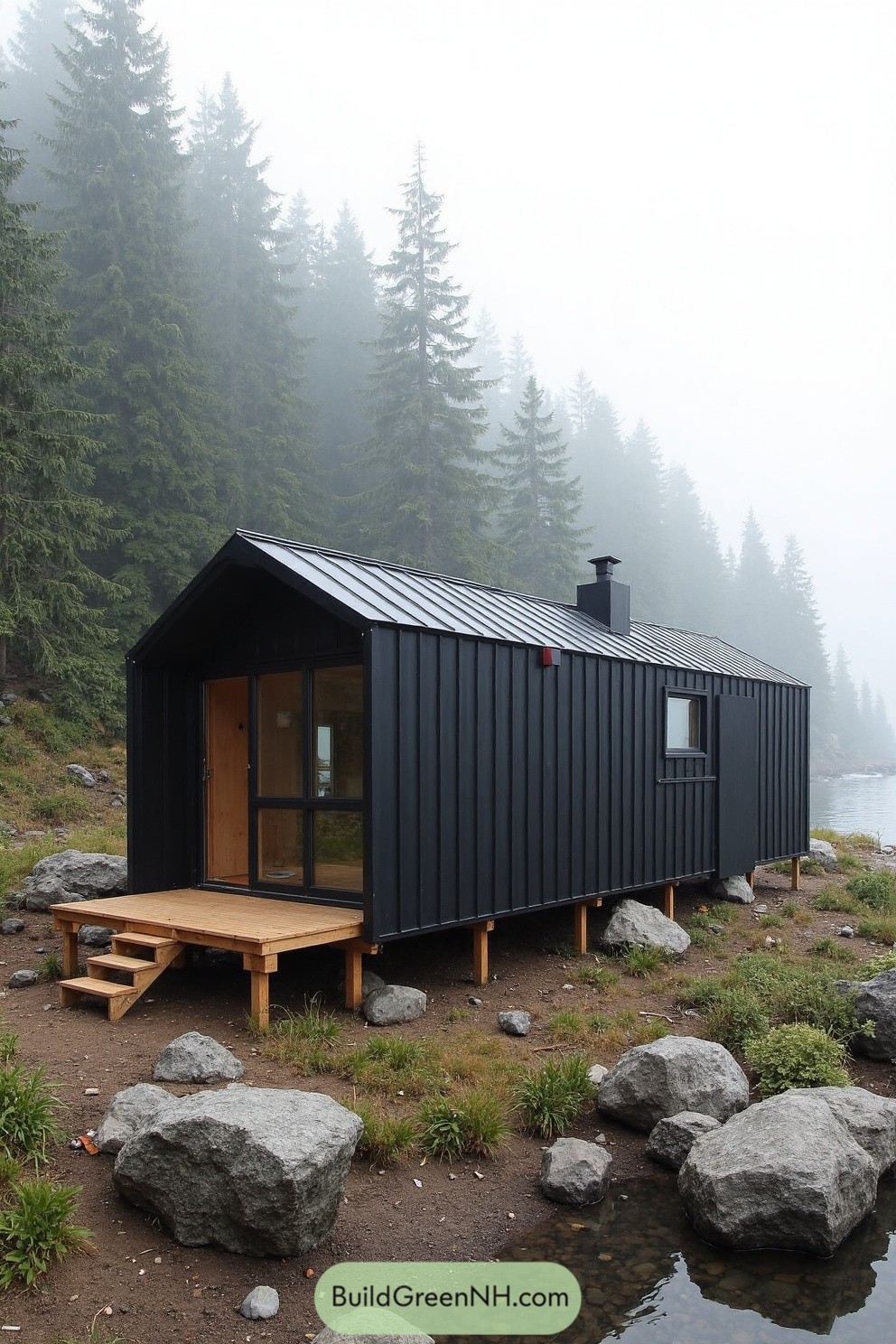 Small black cabin in foggy forest by a lake
