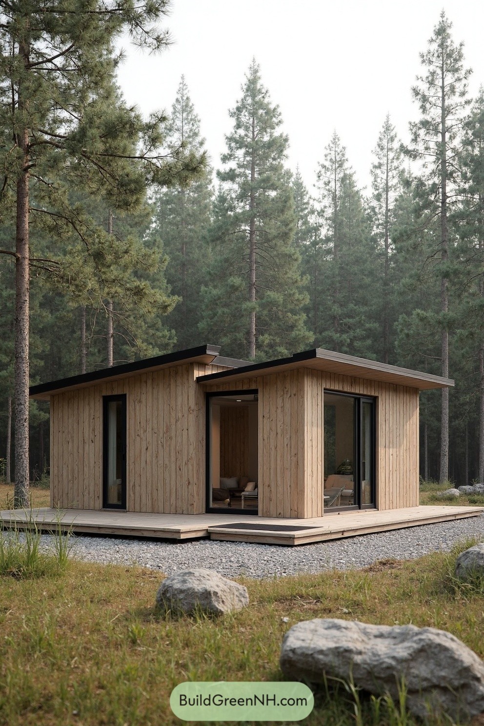 Small wooden cabin amidst tall trees