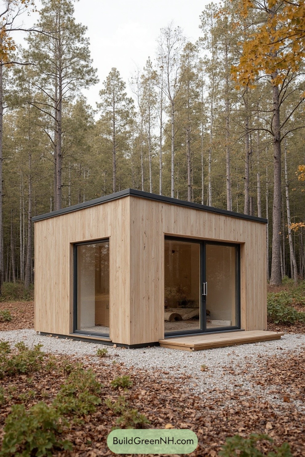 Compact wooden cabin with large windows in a forest setting