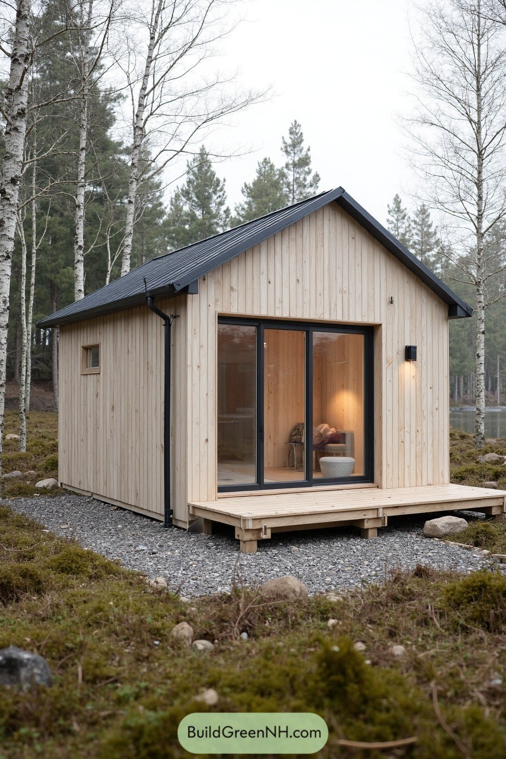 Cozy wooden cabin nestled among birch trees
