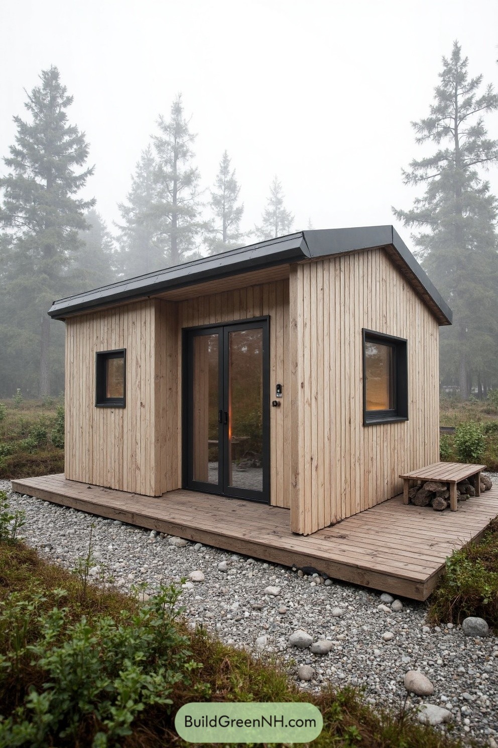 A small, modern wooden cabin surrounded by misty woods