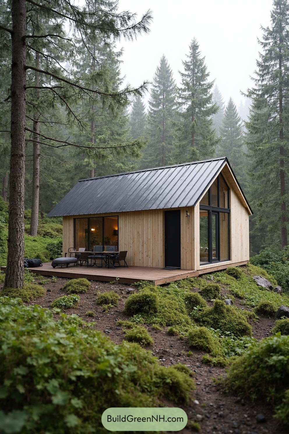 Small Scandinavian-style cabin nestled among towering fir trees