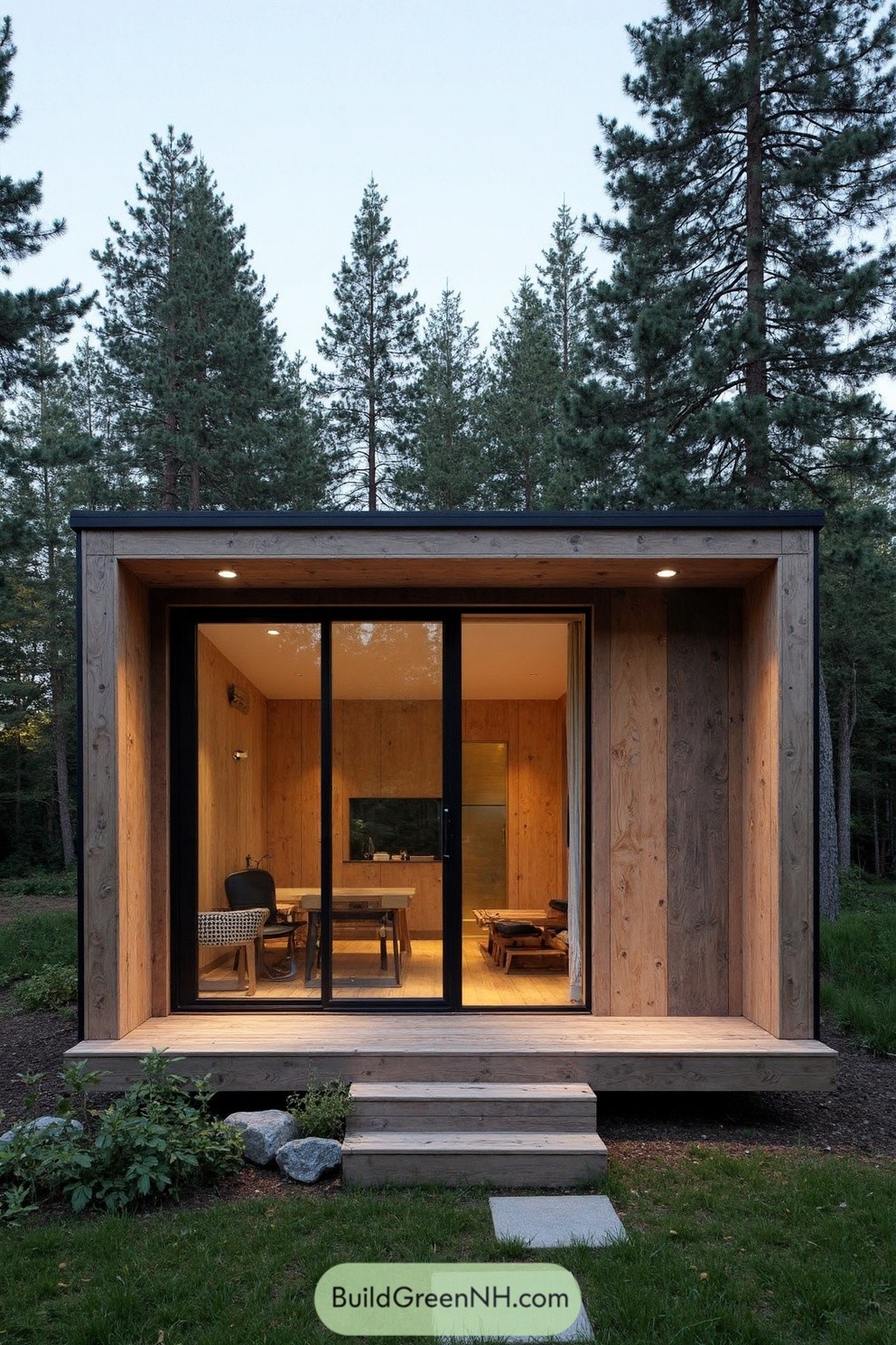 Minimalist wooden cabin nestled in a forest clearing