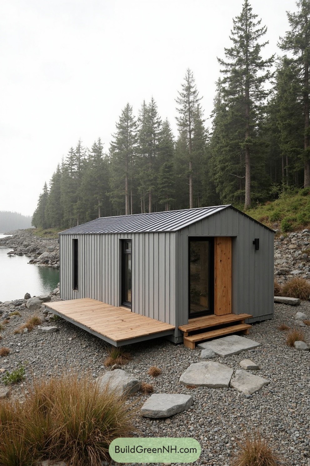 Minimalist cabin by a lake with pine trees