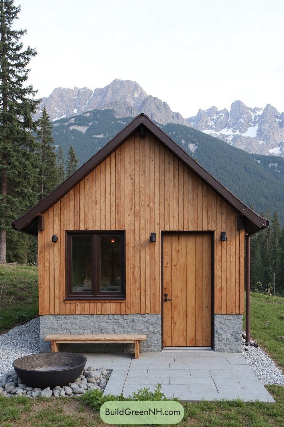 Charming wooden cabin with mountain backdrop