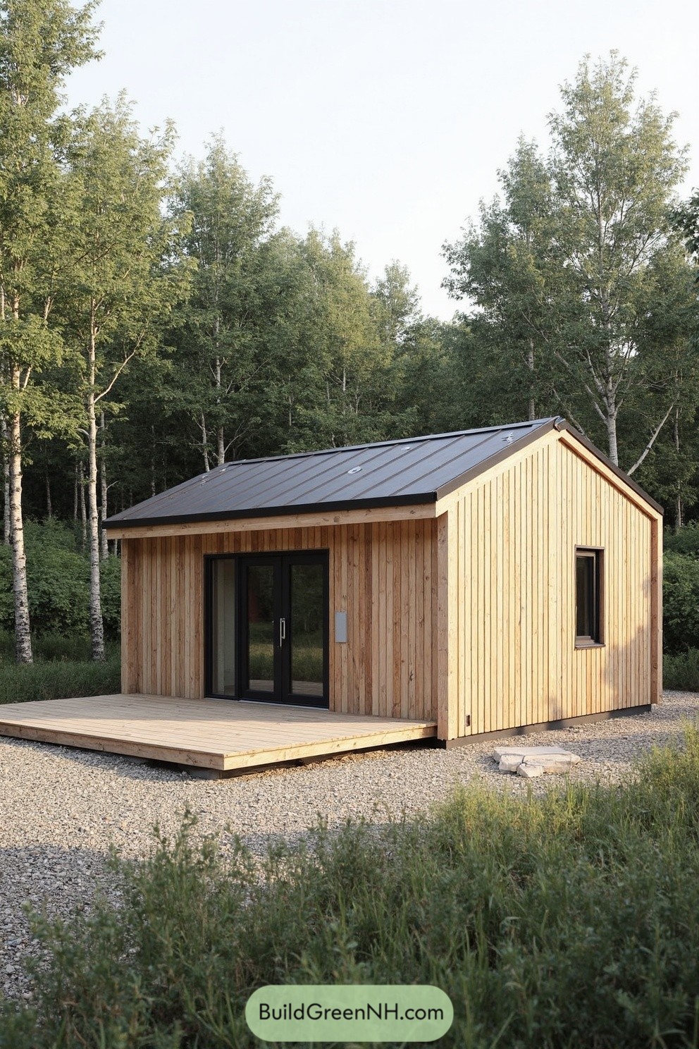 Cozy wooden cabin with solar panels in a lush forest