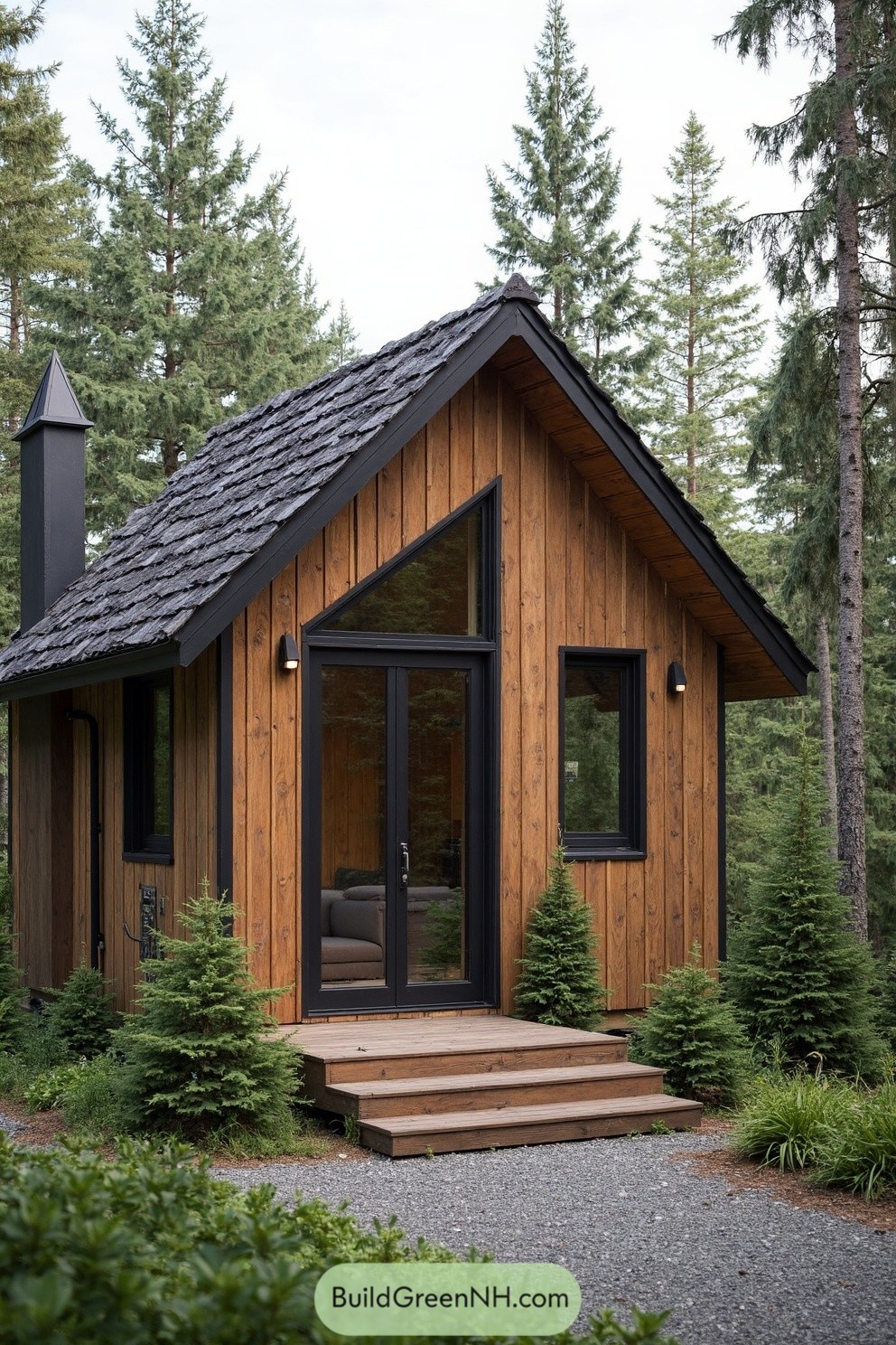 Cozy cabin nestled among towering trees