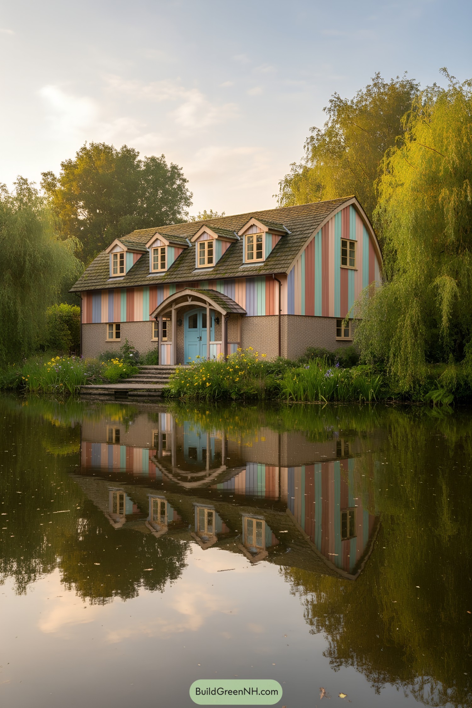 Colorful cottage reflecting on serene water